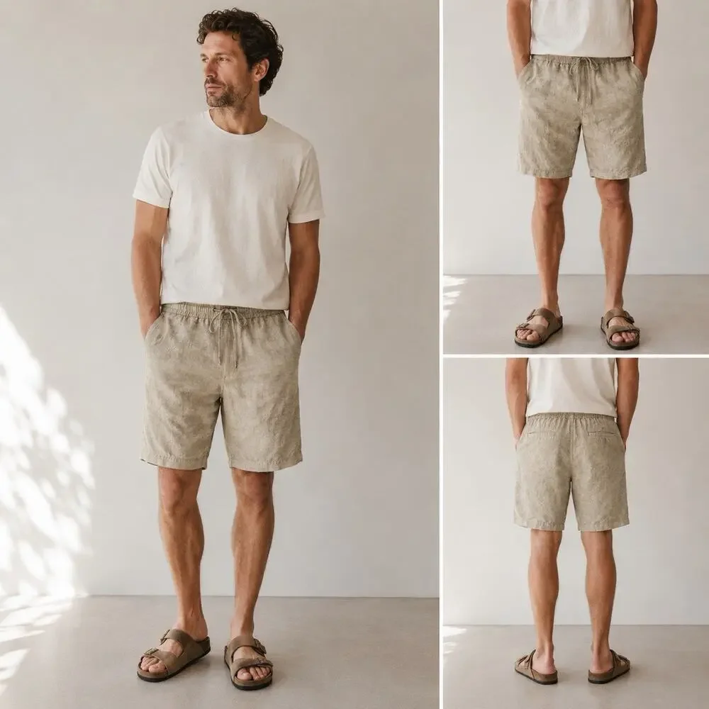 James Perse Men’s 100% Linen Drawstring Shorts Size 3 Beige Coastal Quiet Luxury